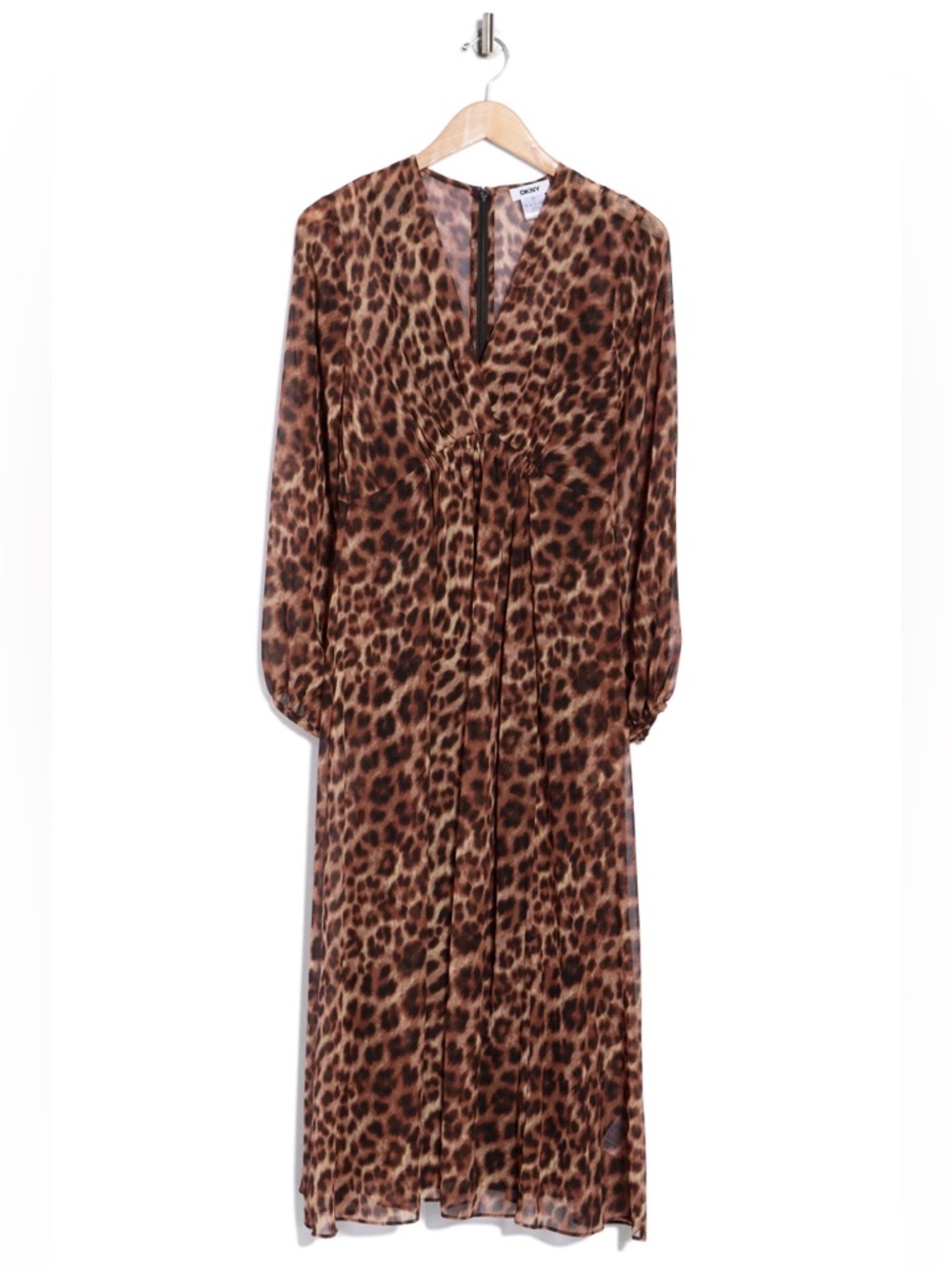 DKNY Chiffon Leopard Print Blouson Sleeve Empire Waist Dress - Picture 16 of 16